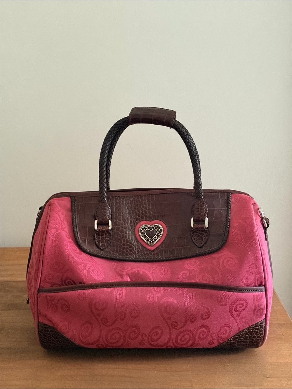 Brighton Vintage Y2K Pink Scroll Jacquard Weekender Duffel Bag Cherry Floral